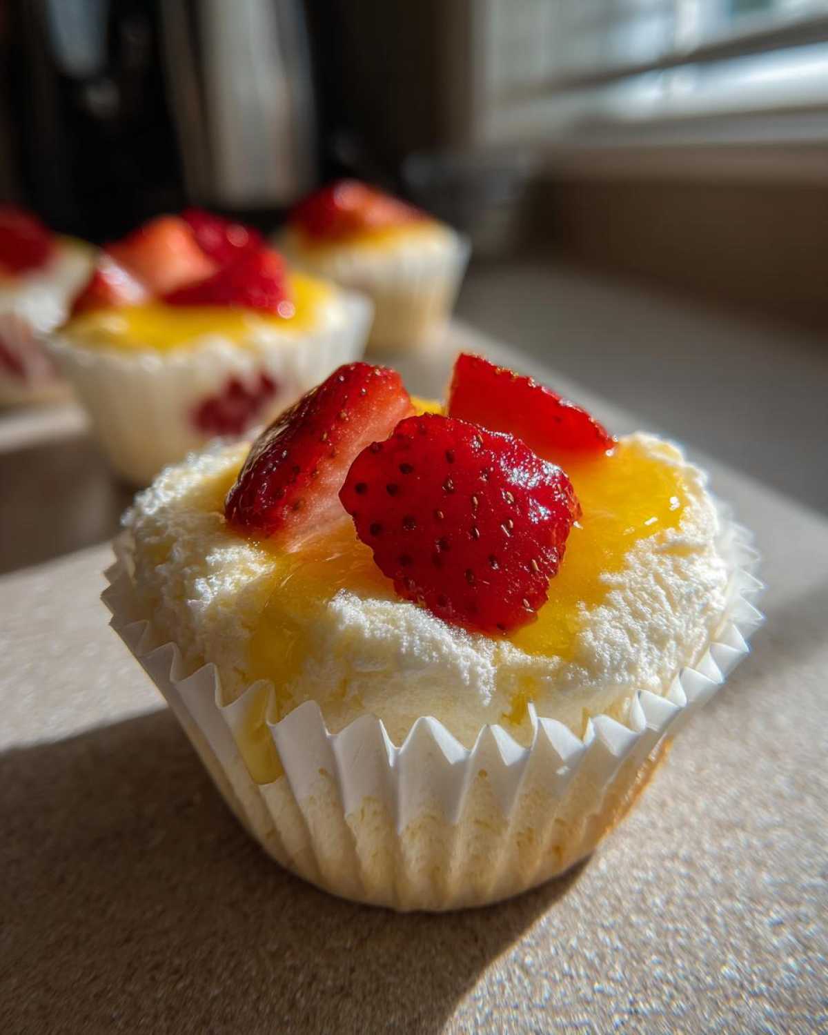 Close-up of a Gluten-Free Lemon Strawberry Angel Food Cup topped with lemon curd and fresh strawberry slices.