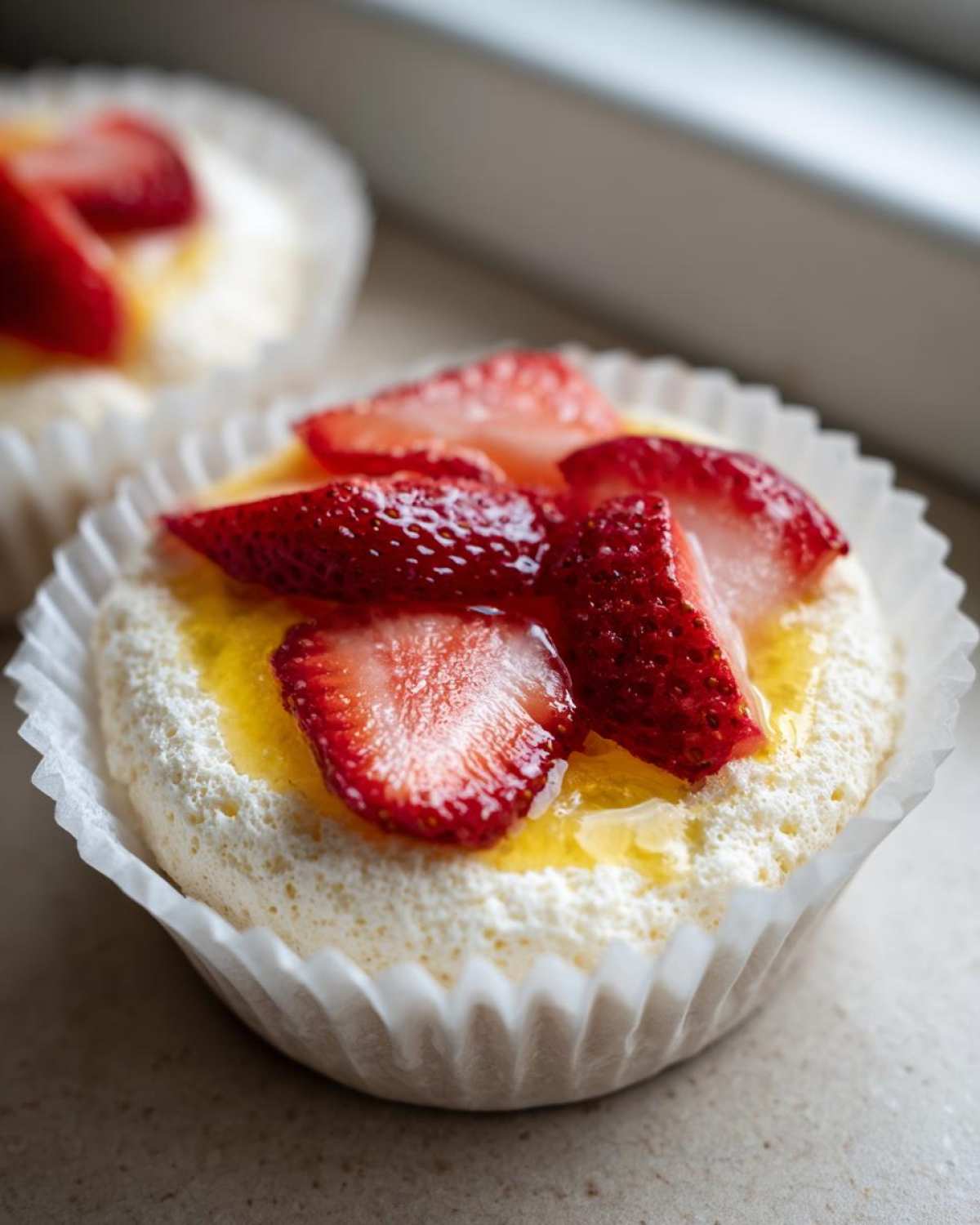 Close-up of a single Gluten-Free Lemon Strawberry Angel Food Cup topped with sliced strawberries and lemon glaze.