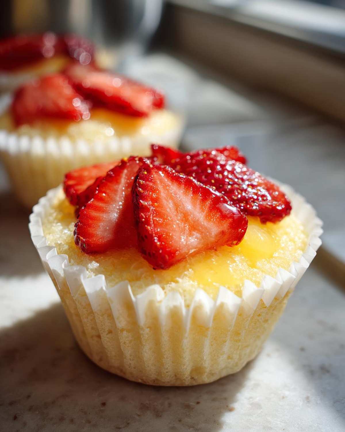 Close-up of a Gluten-Free Lemon Strawberry Angel Food Cup topped with lemon curd and fresh sliced strawberries.