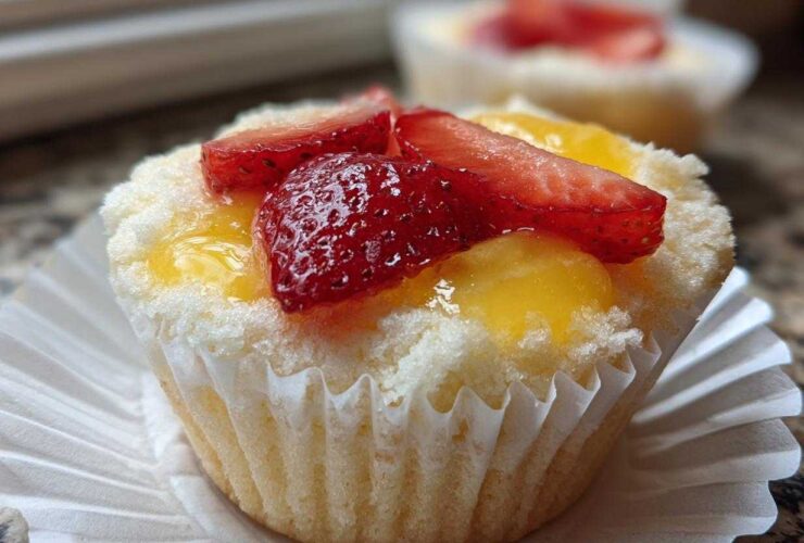 Close-up of a Gluten-Free Lemon Strawberry Angel Food Cup topped with fresh strawberries and lemon glaze.