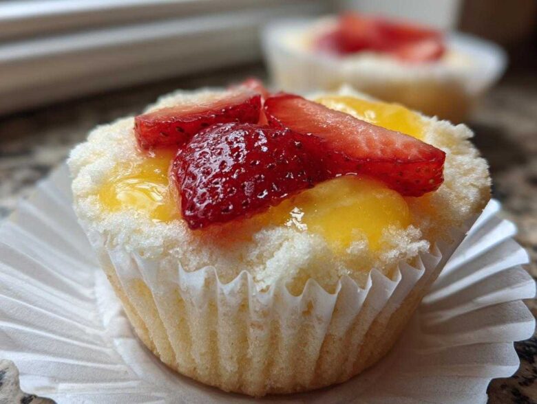 Close-up of a Gluten-Free Lemon Strawberry Angel Food Cup topped with fresh strawberries and lemon glaze.