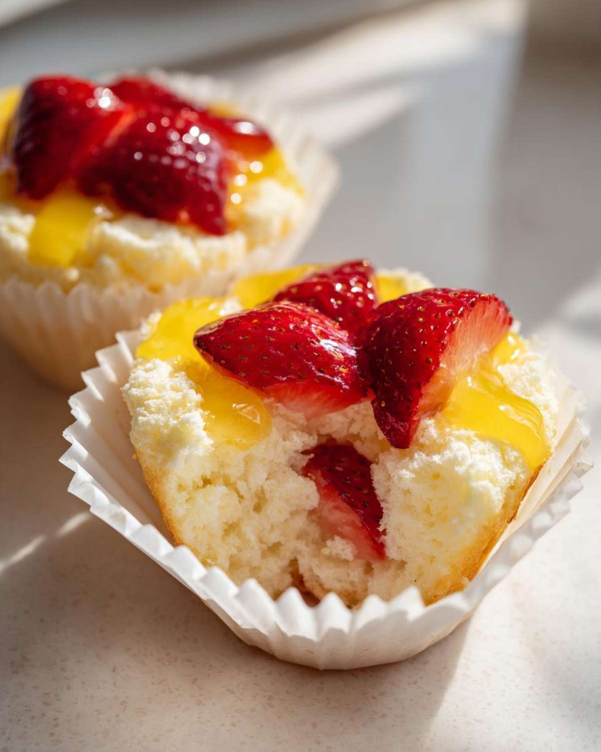 Close-up of a Gluten-Free Lemon Strawberry Angel Food Cup with a bite taken out, showing the fluffy interior and strawberry topping.