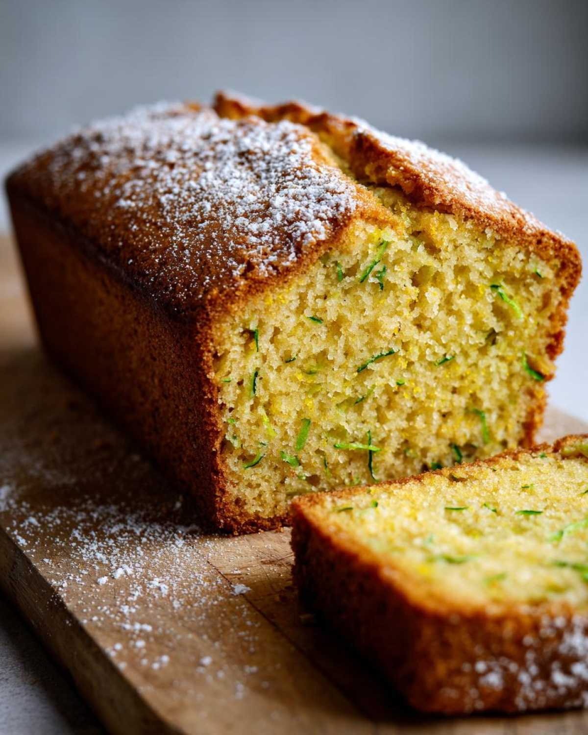 A loaf of moist Gluten-Free Lemon Zucchini Bread, dusted with powdered sugar, with one slice cut.