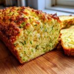 A close-up of a freshly baked Gluten-Free Lemon Zucchini Bread loaf, sliced on a wooden board.