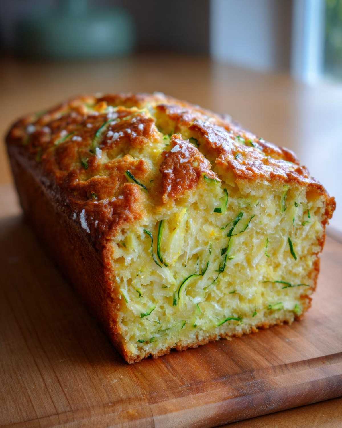 A golden-brown loaf of Gluten-Free Lemon Zucchini Bread, showing moist crumb and visible shreds of green zucchini.
