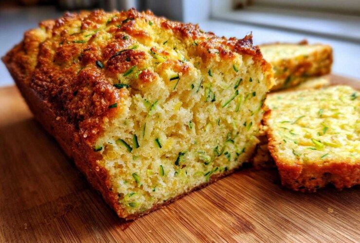 A close-up of a freshly baked Gluten-Free Lemon Zucchini Bread loaf, sliced on a wooden board.