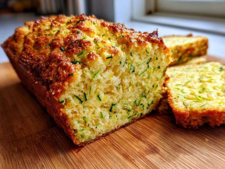 A close-up of a freshly baked Gluten-Free Lemon Zucchini Bread loaf, sliced on a wooden board.