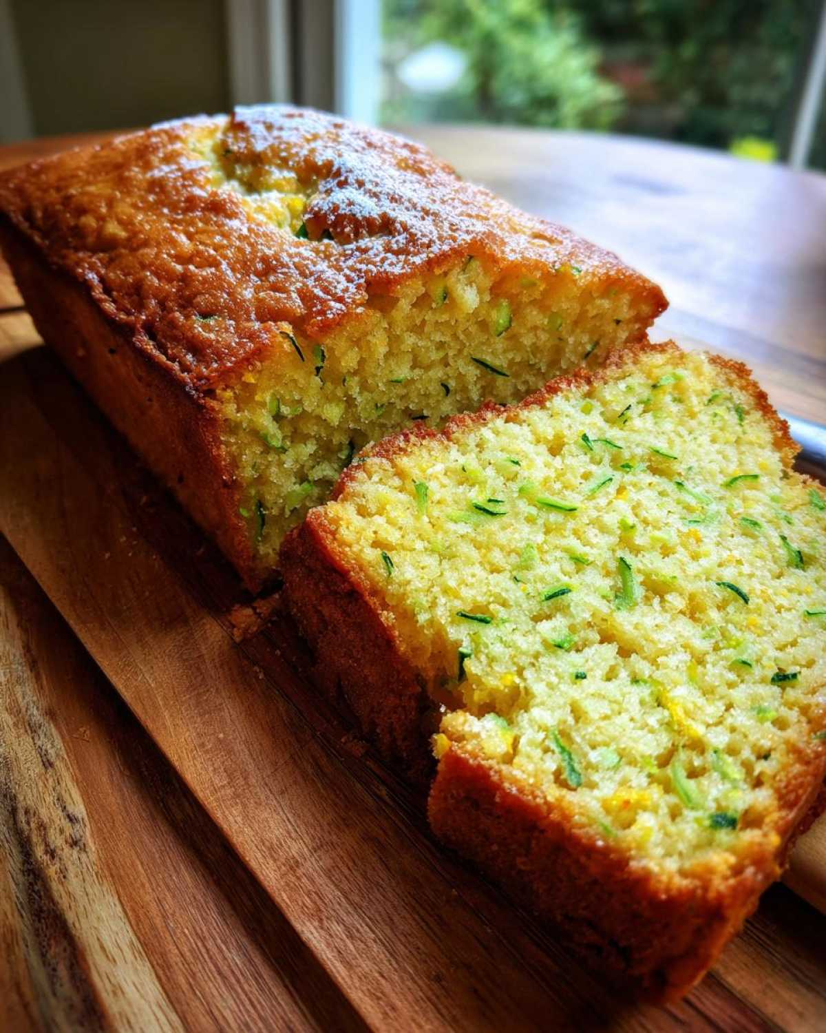 A loaf of moist Gluten-Free Lemon Zucchini Bread, partially sliced, showing shredded zucchini throughout the crumb.