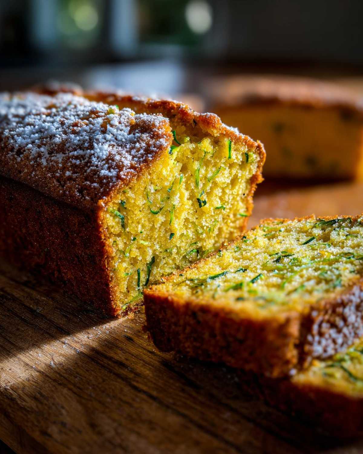 A close-up of sliced Gluten-Free Lemon Zucchini Bread dusted with powdered sugar on a wooden board.