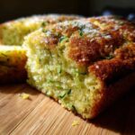 Close-up of a moist slice of Gluten-Free Lemon Zucchini Bread topped with coarse sugar crystals.