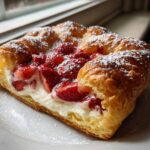 A freshly baked Gluten-Free Strawberry Cream Cheese Danish topped with powdered sugar on a white plate.