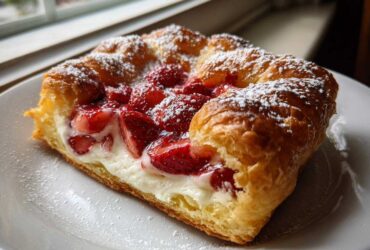 A freshly baked Gluten-Free Strawberry Cream Cheese Danish topped with powdered sugar on a white plate.