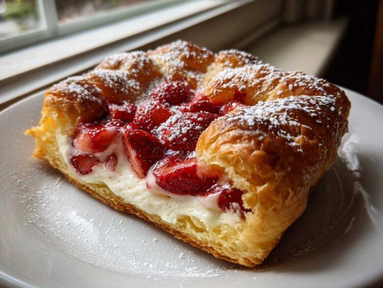 A freshly baked Gluten-Free Strawberry Cream Cheese Danish topped with powdered sugar on a white plate.