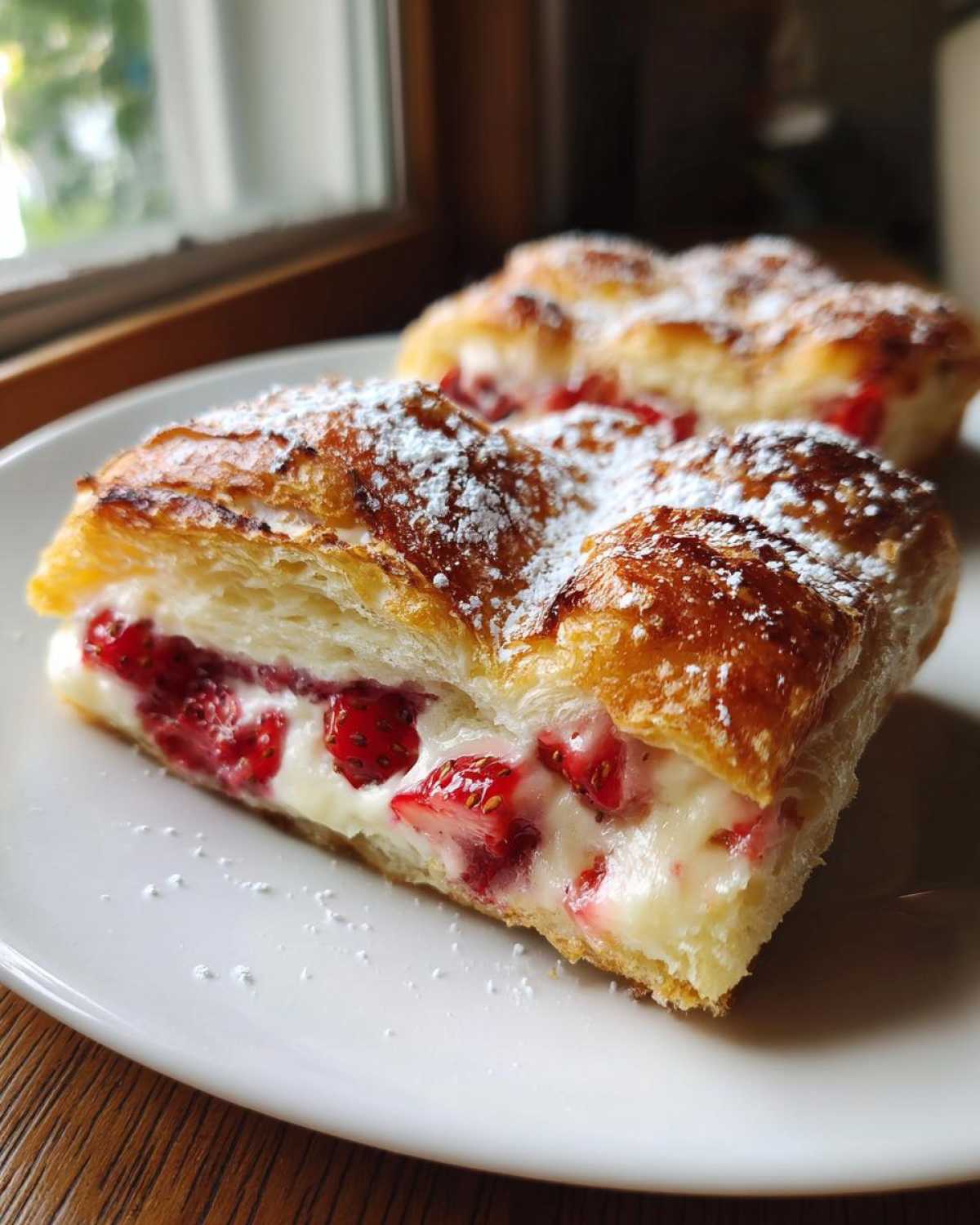 Cross-section of a flaky Gluten-Free Strawberry Cream Cheese Danish filled with cream and fresh strawberries, dusted with powdered sugar.