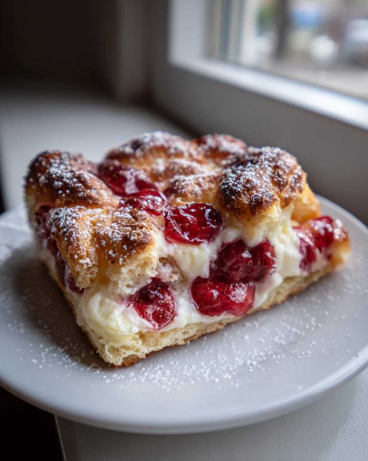 Close-up of a square slice of Gluten-Free Strawberry Cream Cheese Danish with visible cream filling and baked strawberries, dusted with powdered sugar.