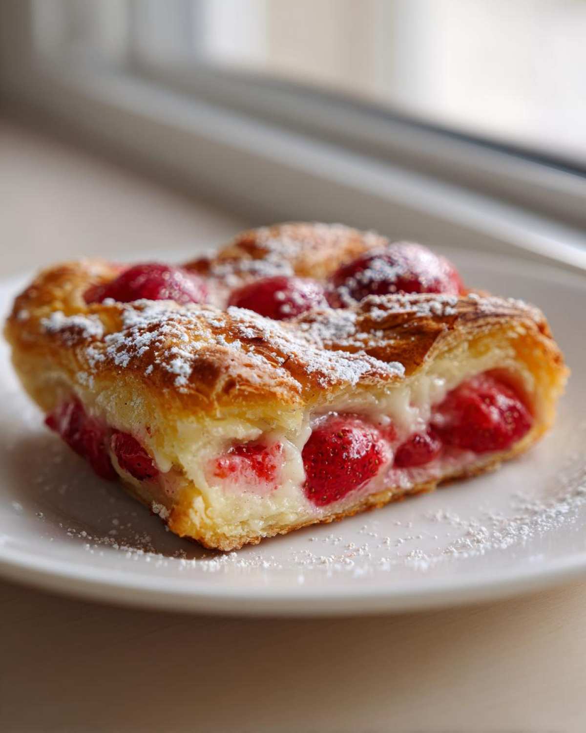 Close-up of a flaky Gluten-Free Strawberry Cream Cheese Danish slice topped with powdered sugar on a white plate.