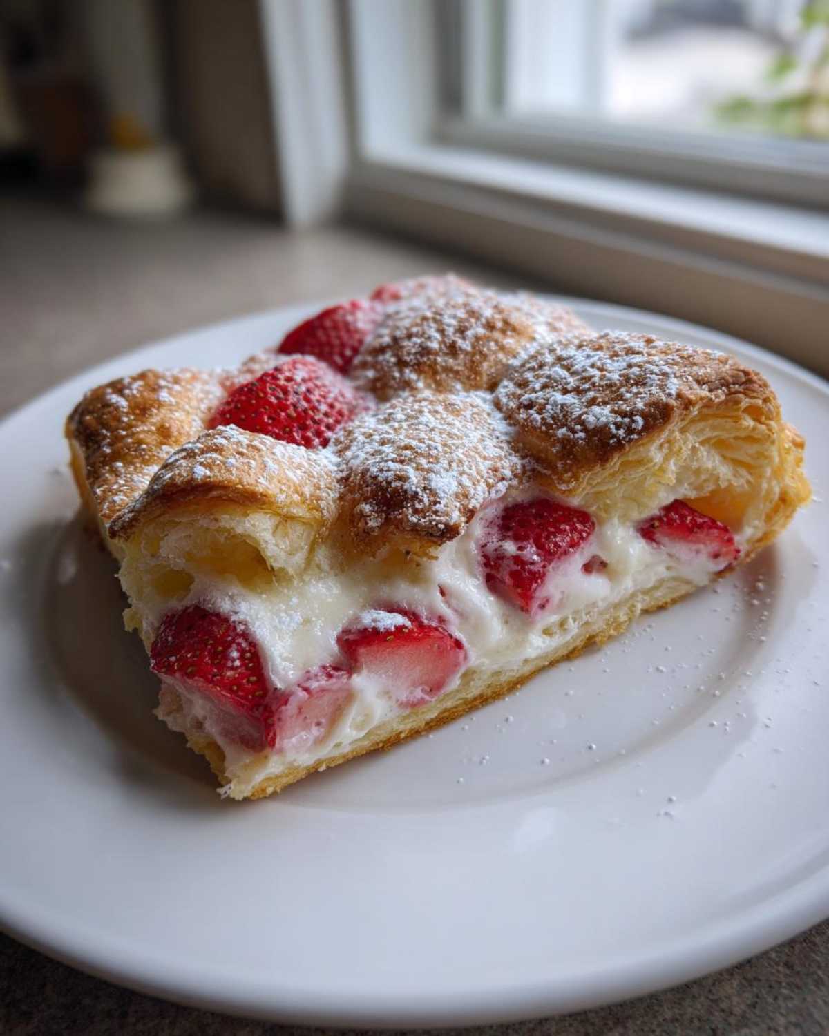 A close-up of a single slice of Gluten-Free Strawberry Cream Cheese Danish, topped with powdered sugar.