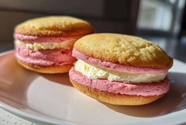 Two delicious Gluten-Free Strawberry Lemon Whoopie Pies with pink and white filling sitting on a white plate.