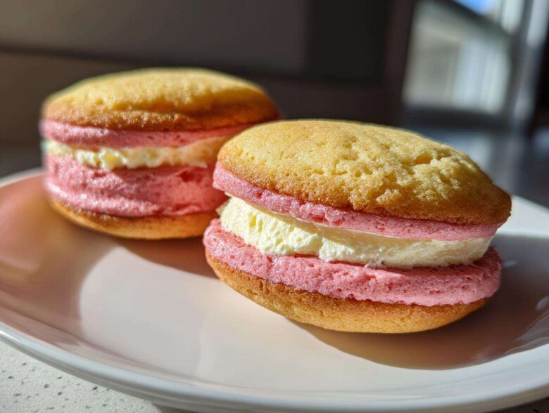 Two delicious Gluten-Free Strawberry Lemon Whoopie Pies with pink and white filling sitting on a white plate.