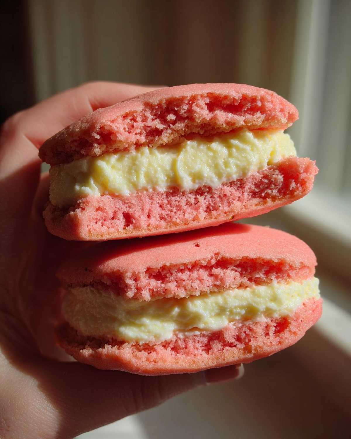 Close-up of two Gluten-Free Strawberry Lemon Whoopie Pies stacked, showing the pink cake and creamy yellow filling.