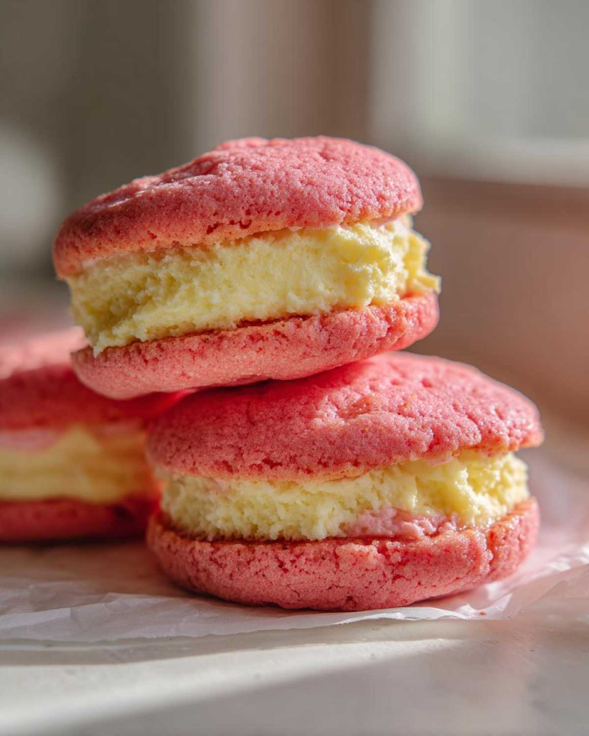 Close-up of two pink Gluten-Free Strawberry Lemon Whoopie Pies stacked with creamy yellow filling.
