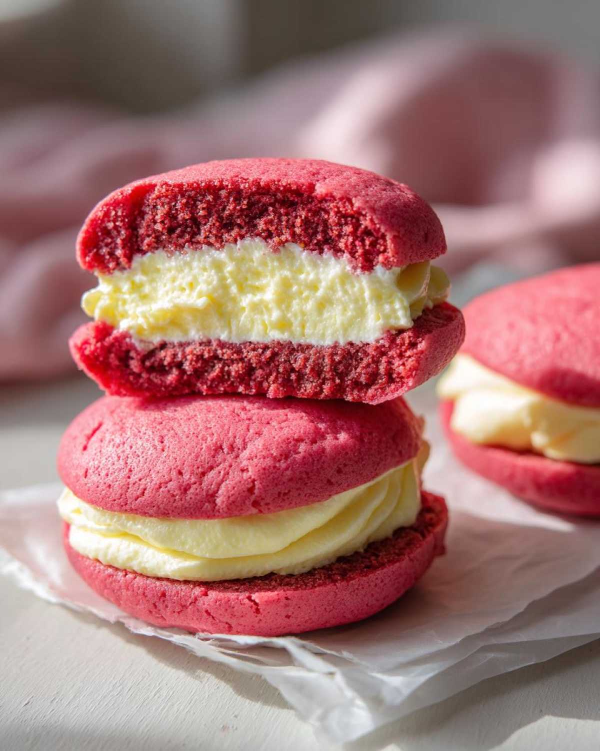 Two stacked Gluten-Free Strawberry Lemon Whoopie Pies with bright pink cakes and thick, creamy lemon filling.