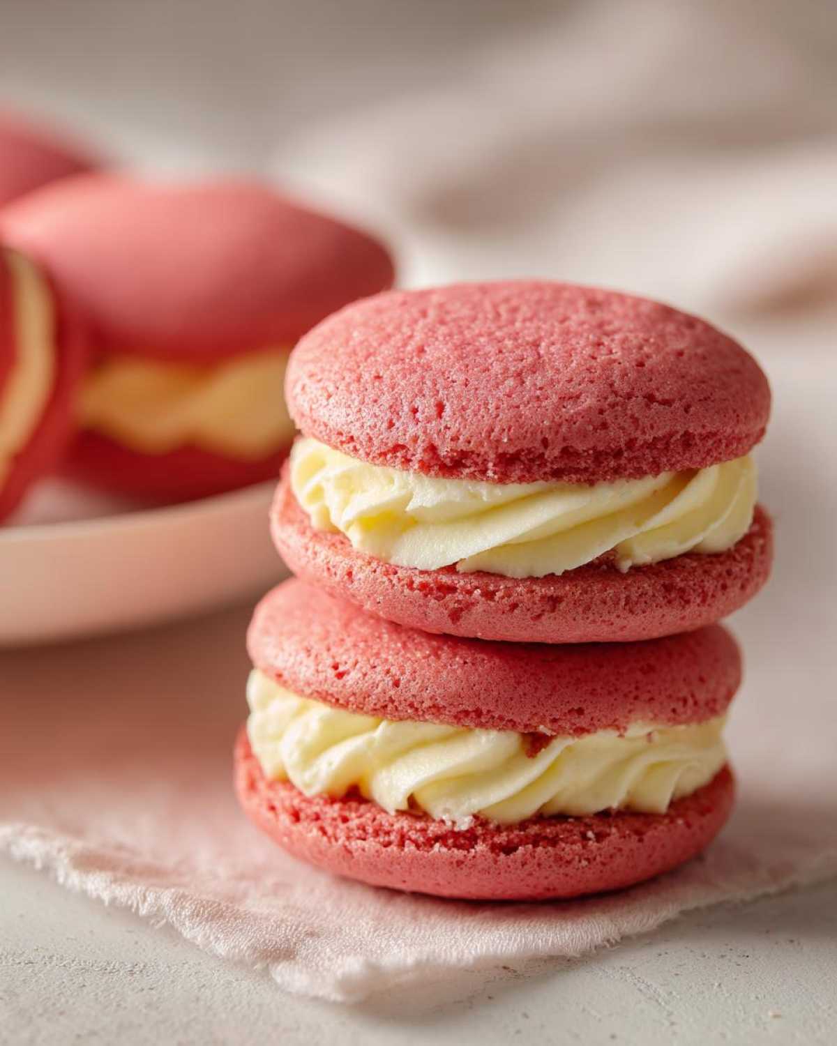 Two pink Gluten-Free Strawberry Lemon Whoopie Pies stacked, filled with creamy yellow frosting.
