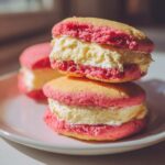 Two stacked Gluten-Free Strawberry Lemon Whoopie Pies with thick, creamy yellow filling.