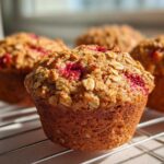 A close-up of a freshly baked Gluten-Free Strawberry Oat Muffin topped with oats, cooling on a wire rack.