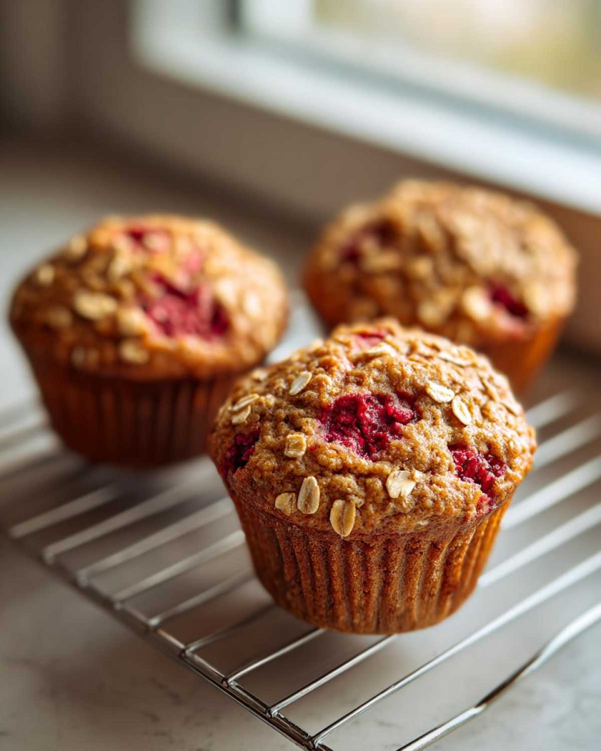Three freshly baked Gluten-Free Strawberry Oat Muffins cooling on a wire rack near a window.