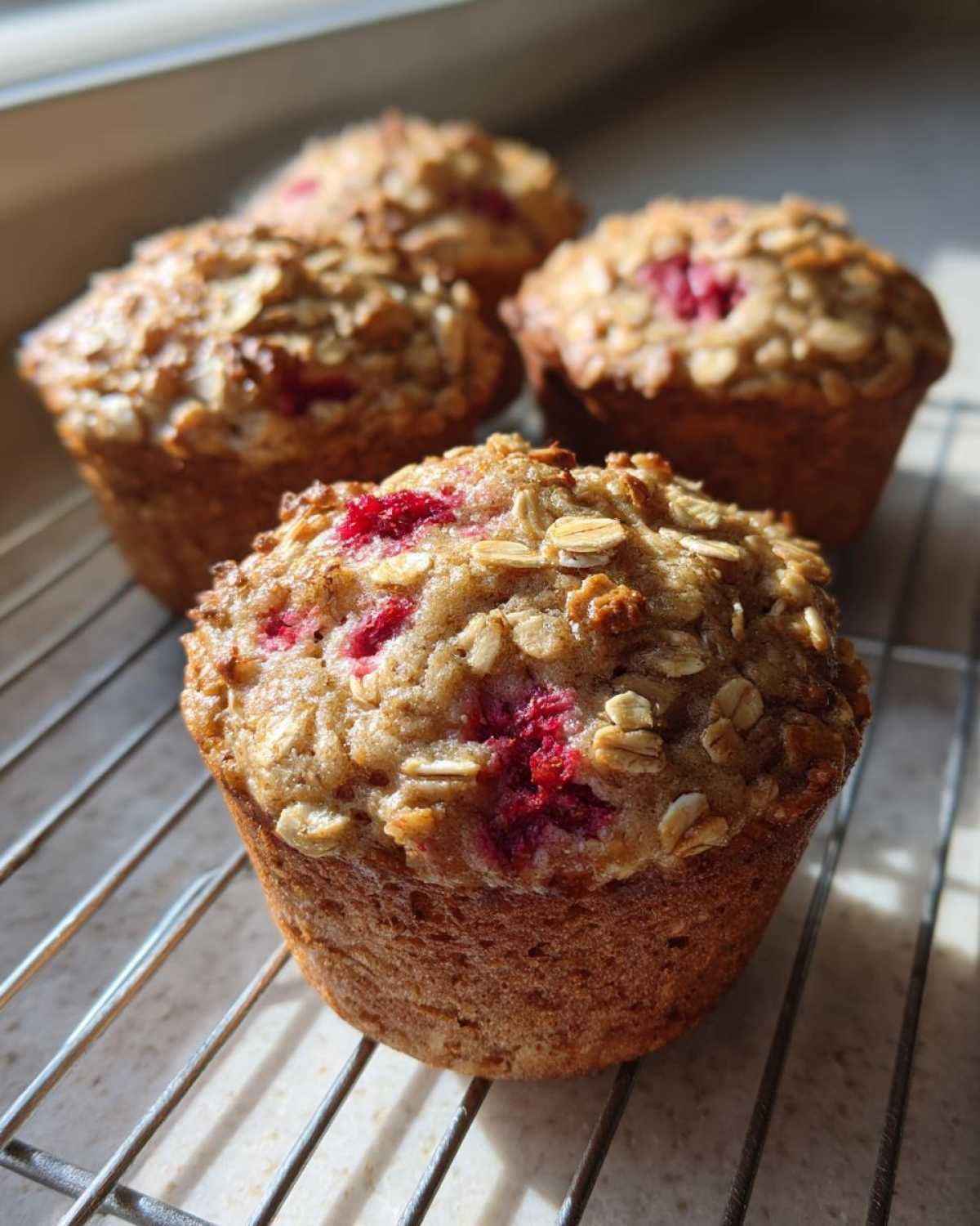 Close-up of freshly baked Gluten-Free Strawberry Oat Muffins cooling on a wire rack with visible oats and bright red strawberry pieces.