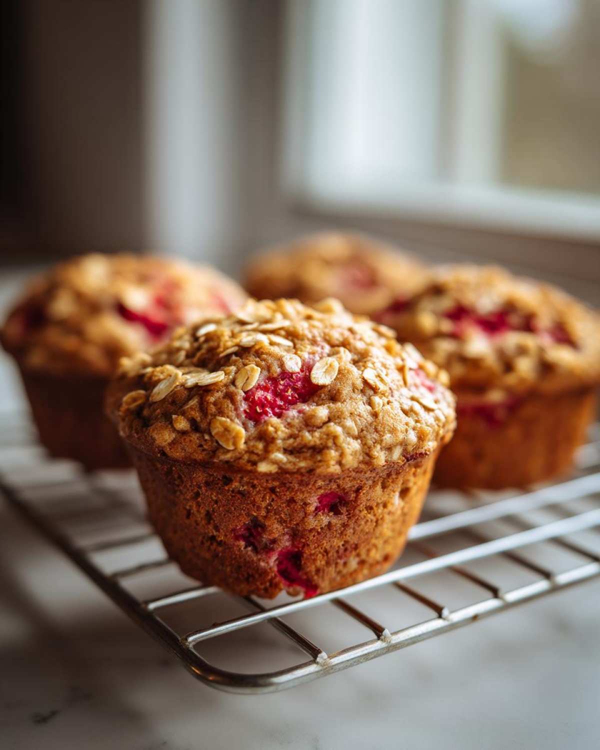 Close-up of freshly baked Gluten-Free Strawberry Oat Muffins cooling on a wire rack.