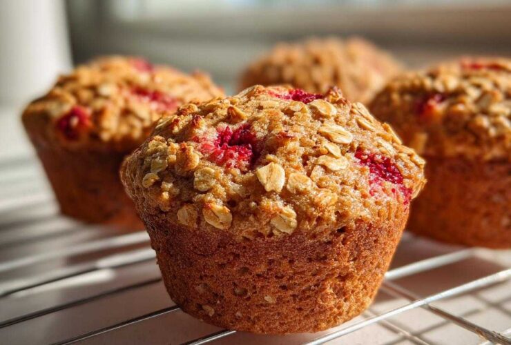 A close-up of a freshly baked Gluten-Free Strawberry Oat Muffin topped with oats, cooling on a wire rack.