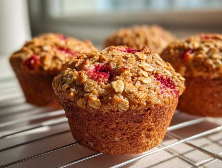 A close-up of a freshly baked Gluten-Free Strawberry Oat Muffin topped with oats, cooling on a wire rack.