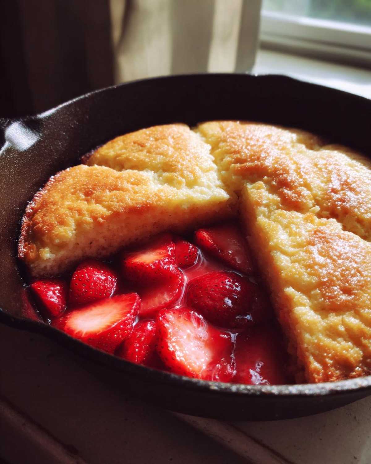 Close-up of warm Gluten-Free Strawberry Shortcake Skillet with sliced strawberries in syrup inside a dark cast iron pan.