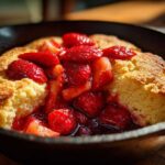 Close-up of a warm Gluten-Free Strawberry Shortcake Skillet topped with macerated strawberries in a dark cast iron pan.