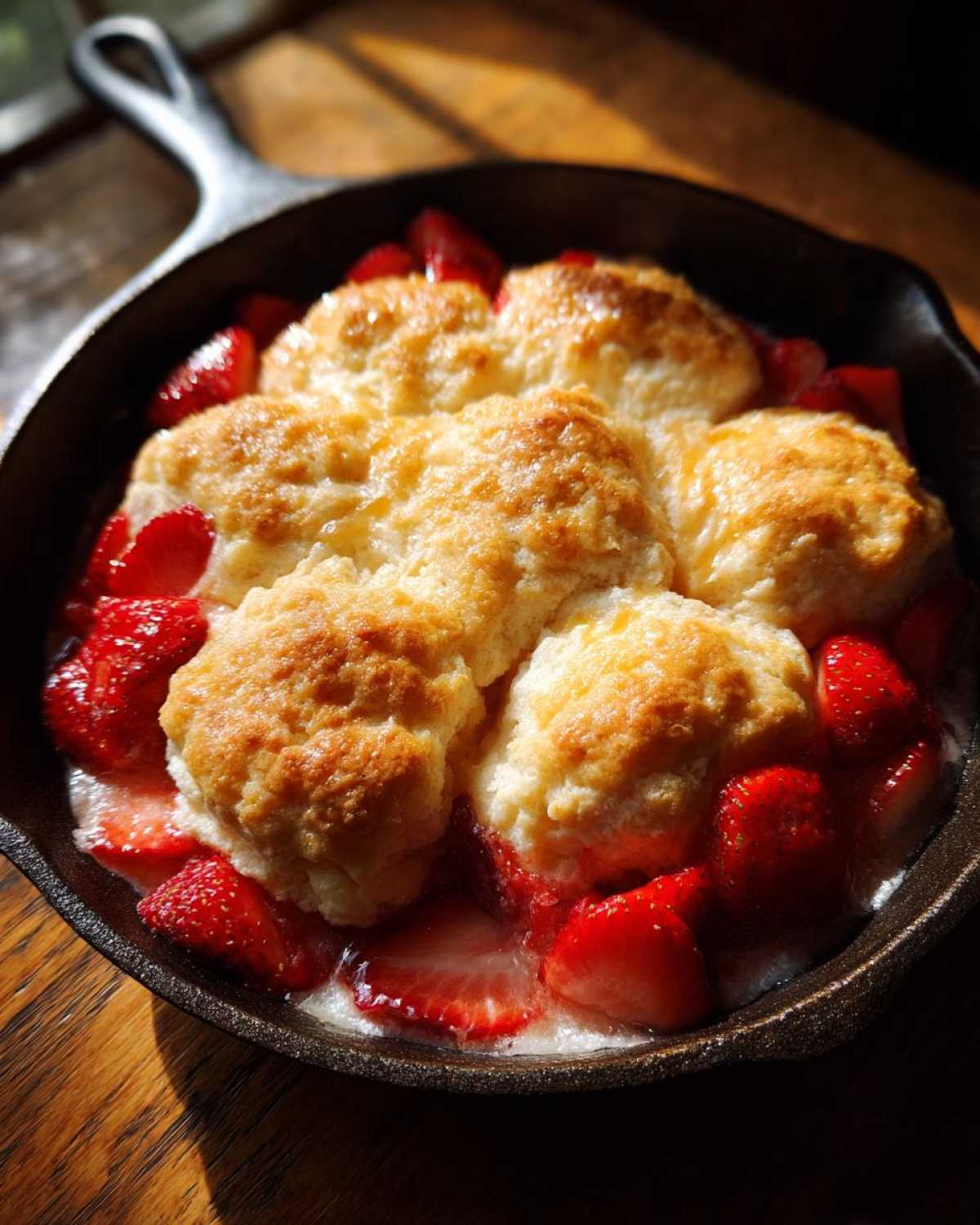 Golden biscuits topping fresh strawberries in a cast iron skillet for Gluten-Free Strawberry Shortcake Skillet.