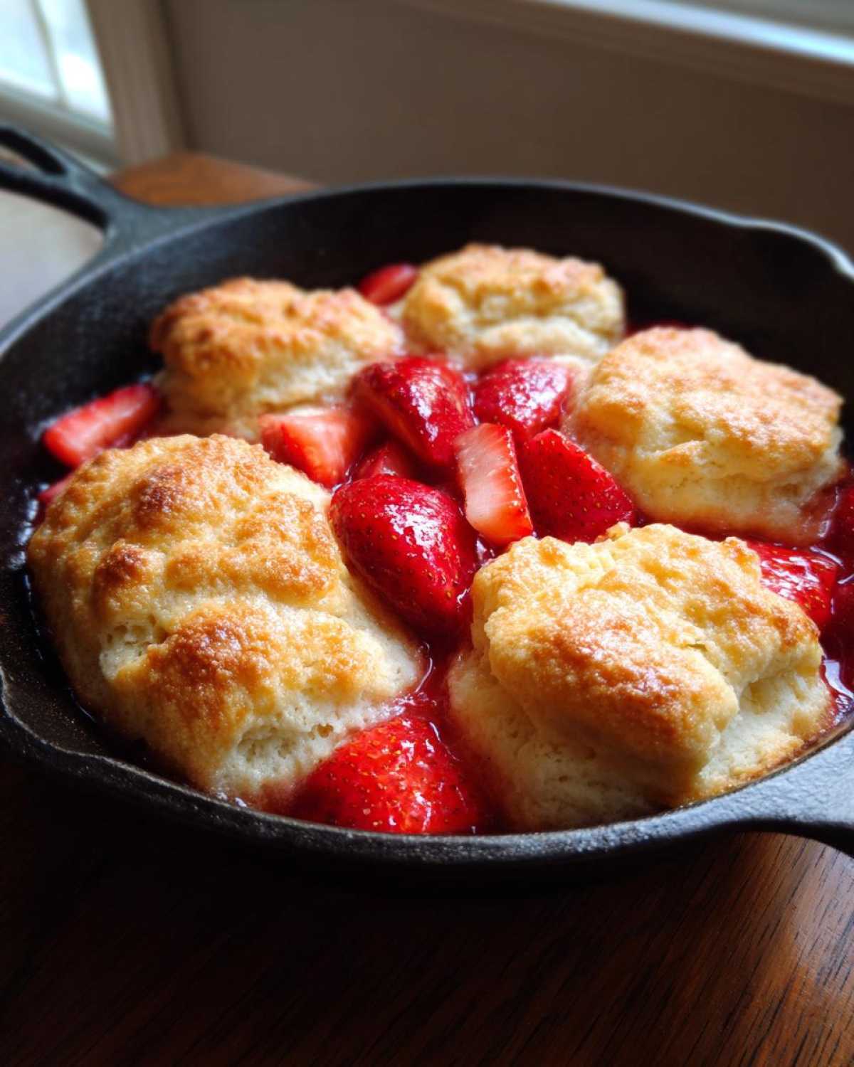 Close-up of golden biscuits nestled in sweet, macerated strawberries in a cast iron Gluten-Free Strawberry Shortcake Skillet.