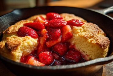 Close-up of a warm Gluten-Free Strawberry Shortcake Skillet topped with macerated strawberries in a dark cast iron pan.