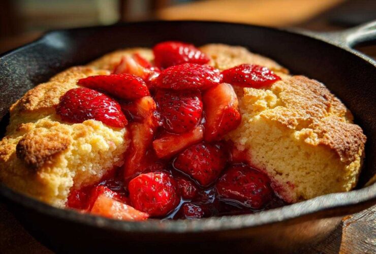 Close-up of a warm Gluten-Free Strawberry Shortcake Skillet topped with macerated strawberries in a dark cast iron pan.