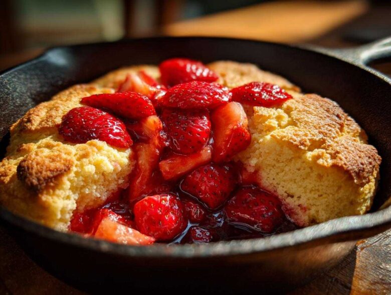 Close-up of a warm Gluten-Free Strawberry Shortcake Skillet topped with macerated strawberries in a dark cast iron pan.