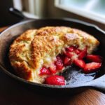 A close-up of a serving of Gluten-Free Strawberry Shortcake Skillet showing the juicy strawberry filling inside the golden biscuit topping.