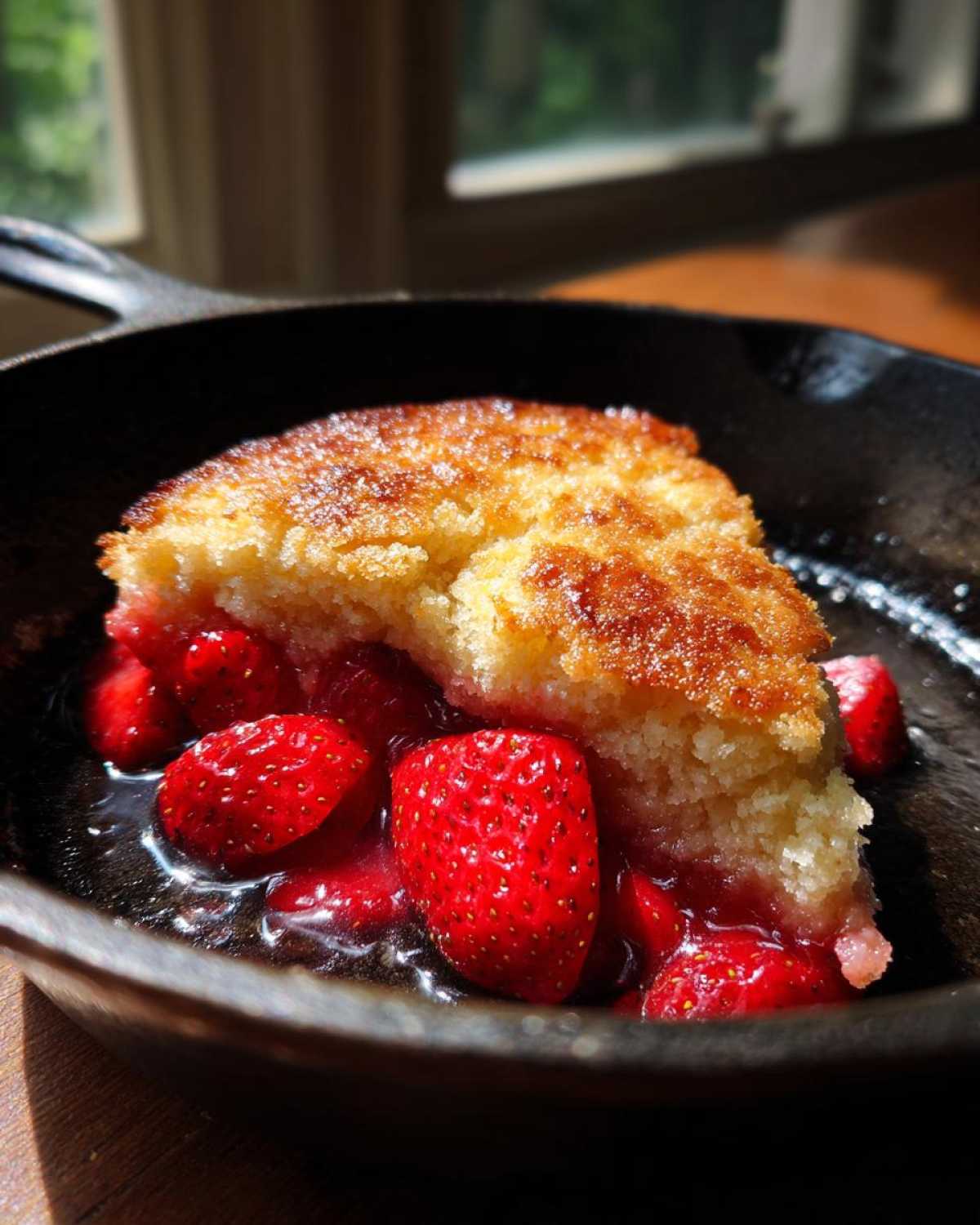 A close-up of a serving of warm Gluten-Free Strawberry Shortcake Skillet with juicy strawberries in a cast iron pan.