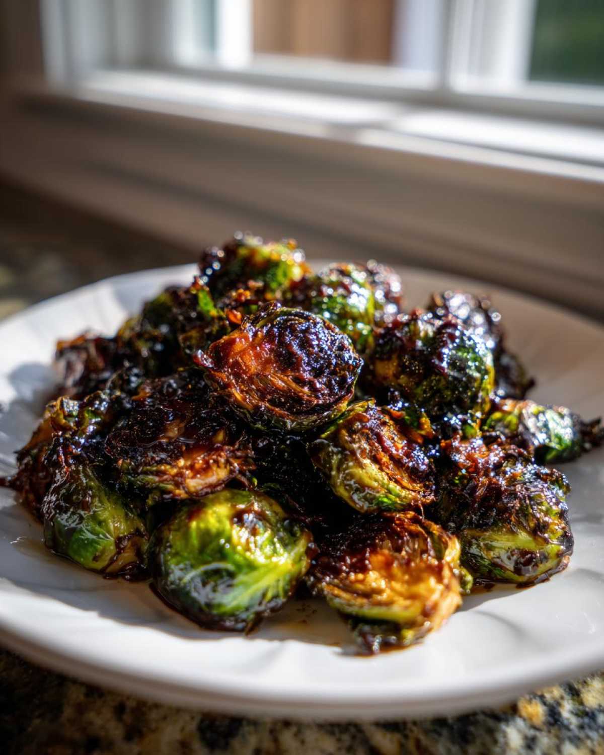 A close-up of perfectly caramelized Honey Balsamic Air Fryer Brussels Sprouts piled high on a white plate.