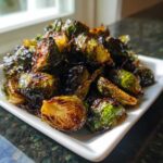 A pile of crispy, glazed Honey Balsamic Air Fryer Brussels Sprouts served on a white square plate.