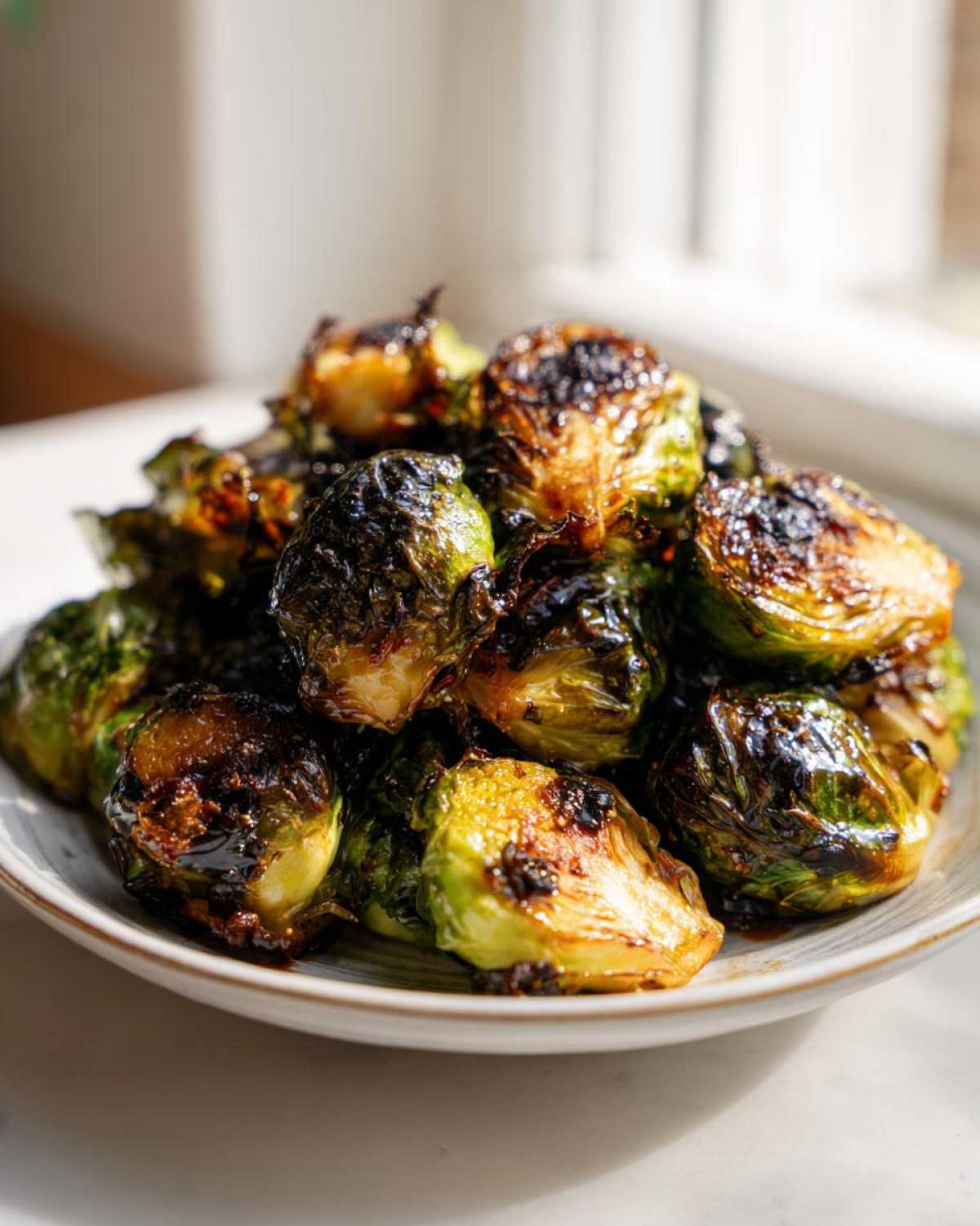 A close-up of perfectly caramelized Honey Balsamic Air Fryer Brussels Sprouts piled on a light-colored plate.