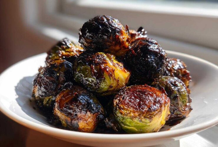 A close-up of perfectly caramelized Honey Balsamic Air Fryer Brussels Sprouts piled high in a white bowl.