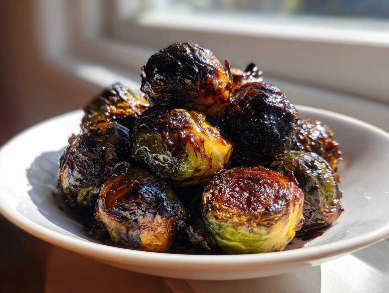 A close-up of perfectly caramelized Honey Balsamic Air Fryer Brussels Sprouts piled high in a white bowl.