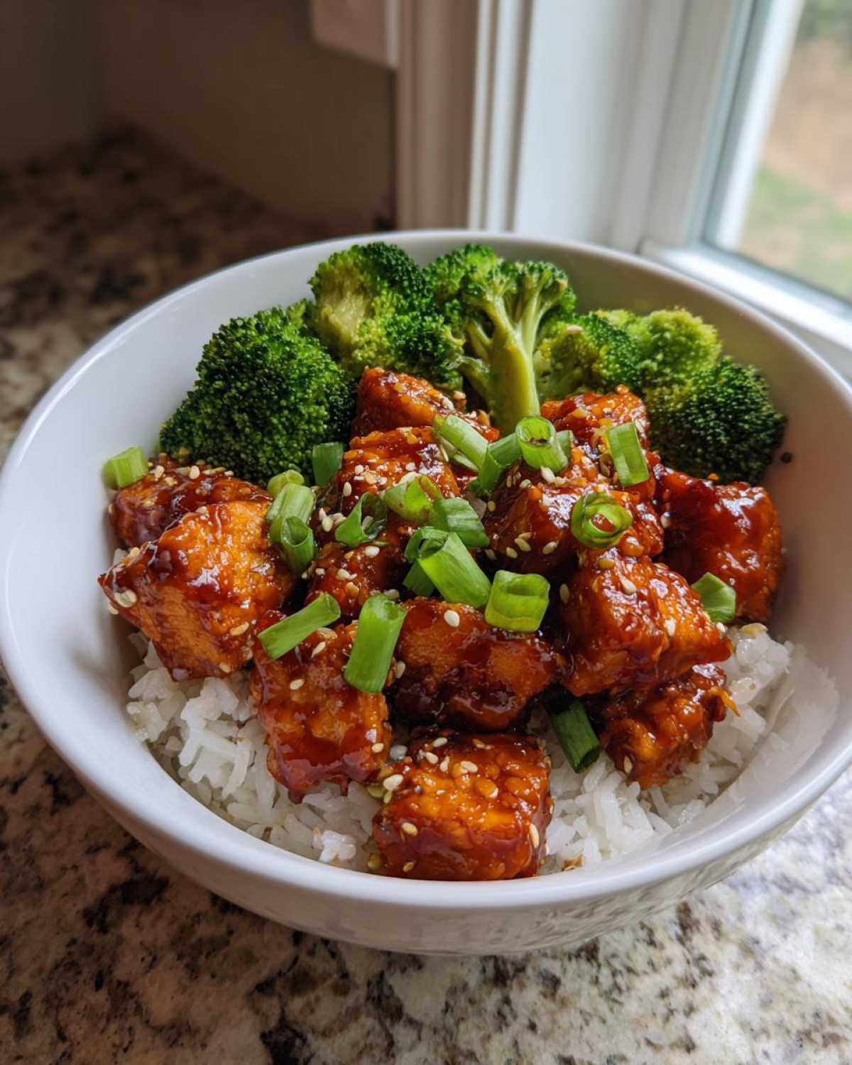 A white bowl filled with Honey Sriracha Chicken Rice Bowls, featuring glazed chicken, white rice, steamed broccoli, and green onions.