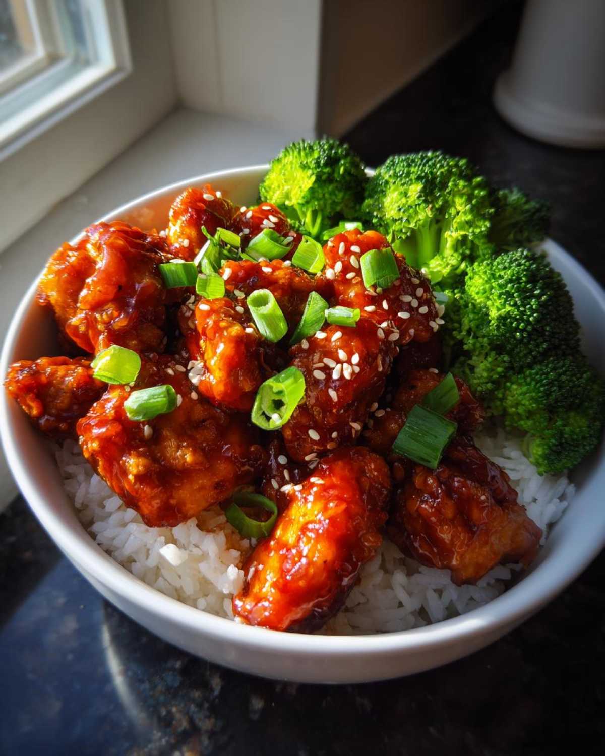 A close-up of Honey Sriracha Chicken Rice Bowls featuring glazed chicken pieces over white rice, topped with sesame seeds and green onions, served with steamed broccoli.